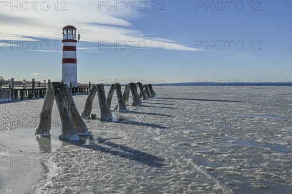 Frozen lake, ice, lighthouse, Podersdorf am See, Lake Neusiedl, Burgenland, Austria, Europe