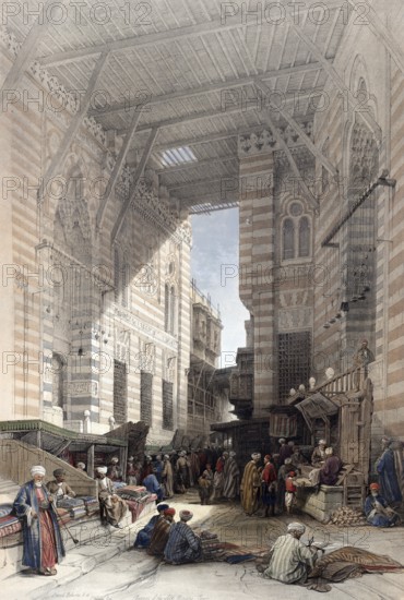 Silk merchants' bazaar, Cairo, Egypt, c. 1850, Historical, digitally restored reproduction from a