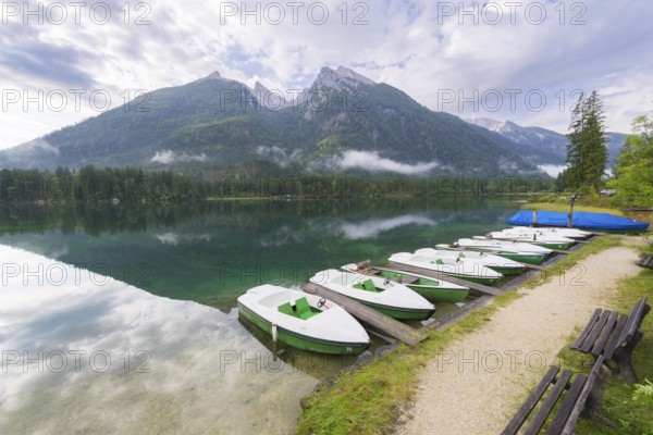 Jetty with boats at Hintersee, pedal boats, Ramsau, Berchtesgaden National Park, Berchtesgadener