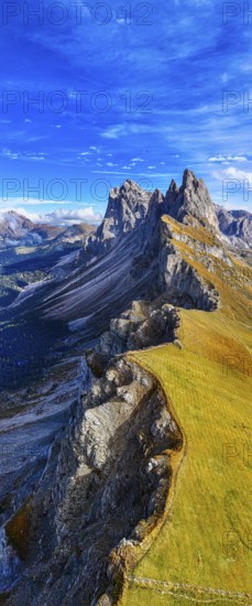 The peaks Sas Rigais and Furchetta of the Geisler group, panoramic photo, drone photo, Val Gardena,