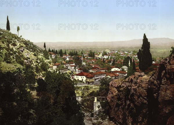 Overview of the city of Bursa in Turkey, View from 1885, Historical, digitally restored