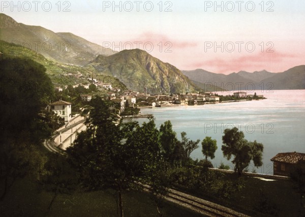 Menaggio, General view, Lake Como, Italy, Historical, digitally restored reproduction from a 19th