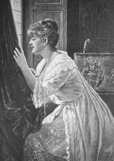 Young woman looking out of the window in full expectation, Historic, digitally restored