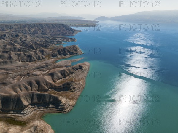 Aerial view, erosion landscape on the Naryn River, Toktogul Reservoir, Kyrgyzstan, Asia