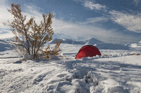 Tent in mountain landscape, Sarek National Park, Laponia World Heritage Site, Norrbotten, Lapland,