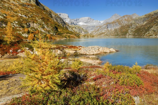 Autumn colours at Lac d'Emosson in the Valais mountains, Switzerland, Europe