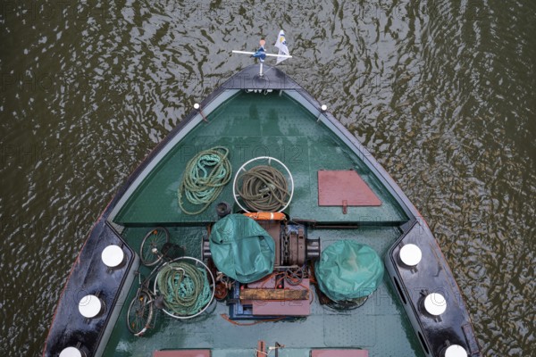 Barge enters the Rothensee lock, Magdeburg, Saxony-Anhalt, Germany, Europe