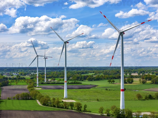 Wind farm, wind turbine, wind turbines from the manufacturer Enercon, in front and Nordex, behind