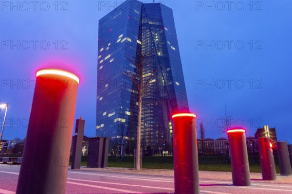 Building of the European Central Bank, ECB, on the Main in Frankfurt, barrier bollards on the banks