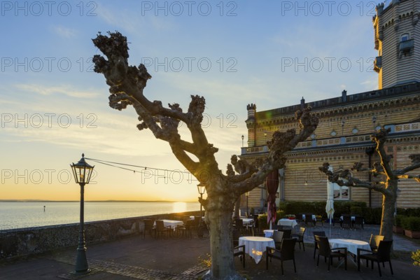 Montfort Castle, sunset, Langenargen, Upper Swabia, Lake Constance, Baden-Württemberg, Germany,