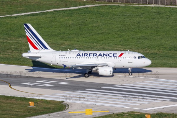 An Air France Airbus A318 aircraft with the registration F-GUGO at Split Airport, Croatia, Europe