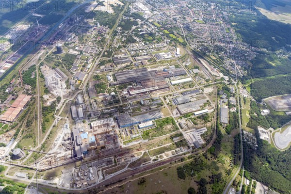 Aerial view ArcelorMittal Eisenhüttenstadt GmbH, steelworks, steel mill, rolling mill, industry,