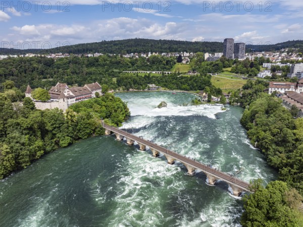 Aerial view of the Rhine Falls with railway viaduct and Laufen Castle, Neuhausen, Canton