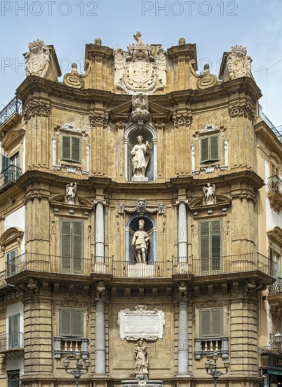 Facade representing summer season with statues of Philip II and Santa Ninfa, Quattro Canti,