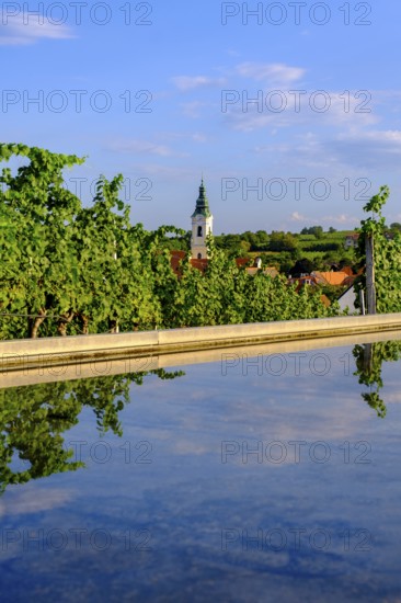 From the Loisium Weinwelt, winery, to the parish church, Langenlois, Waldviertel, Lower Austria,