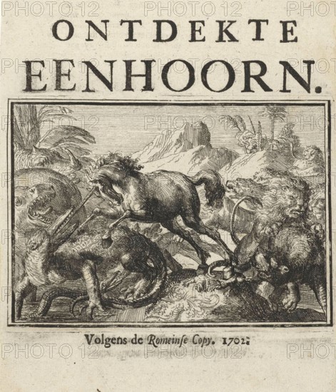 Title page for the pamphlet, The Discovered Unicorn, 1701, Holland, Historical, digitally restored