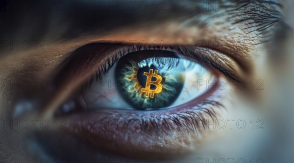 Close up of an eye with bitcoin sign in retina. Concept of earnings and market gains using bitcoin