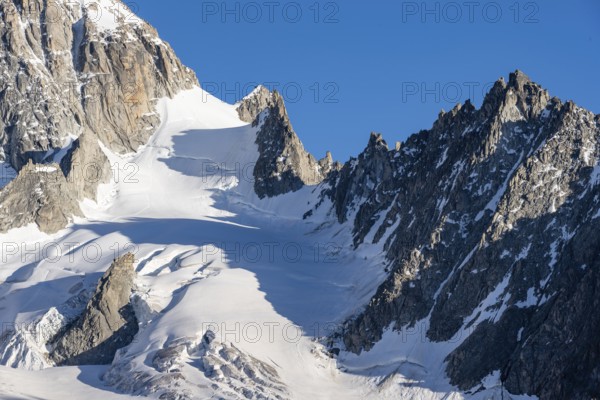 High alpine mountain landscape, summit of Aiguille de Chardonnet and Glacier du Tour, detail of the
