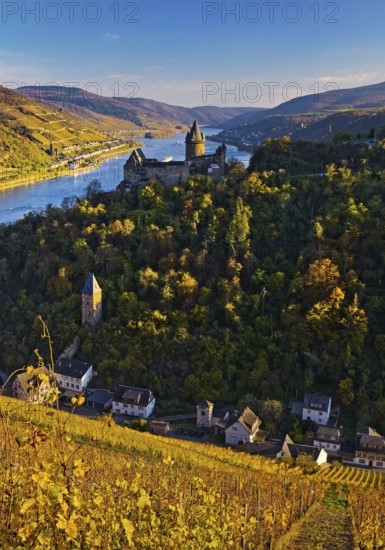 View of Bacharach with Stahleck Castle, hilltop castle above the Rhine, Upper Middle Rhine Valley