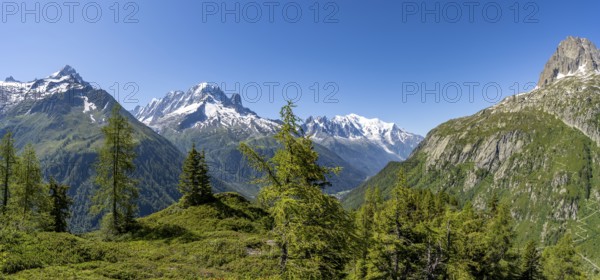 Mountain panorama with glaciated mountain peaks, Aiguille Verte with Aiguille du Midi and Mont