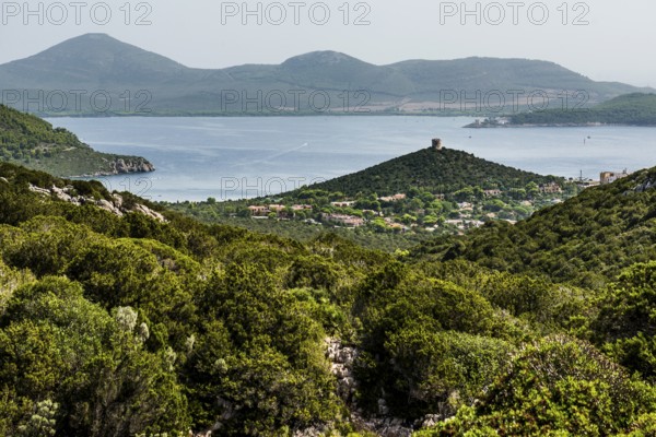 Coastal landscape and old Genoese tower, Capo Caccia, near Alghero, Sardinia, Italy, Europe