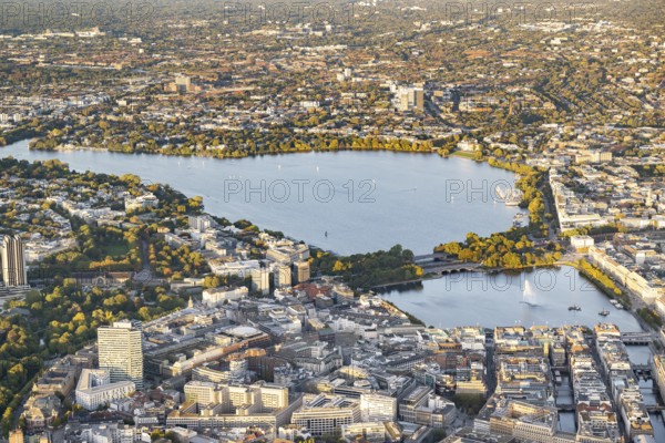 Aerial view of the Outer and Inner Alster and Jungfernstieg at sunset, Hamburg, Germany, Europe
