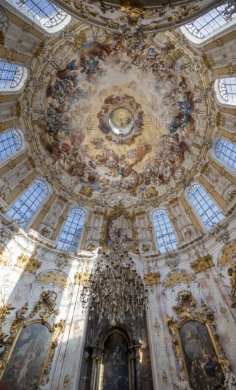 Interior of the baroque church with ceiling paintings and altar, Ettal Abbey, baroque Benedictine