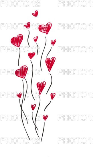 Drawing, valentine card, postcard, with hearts on a string, watercolor markers, vertical