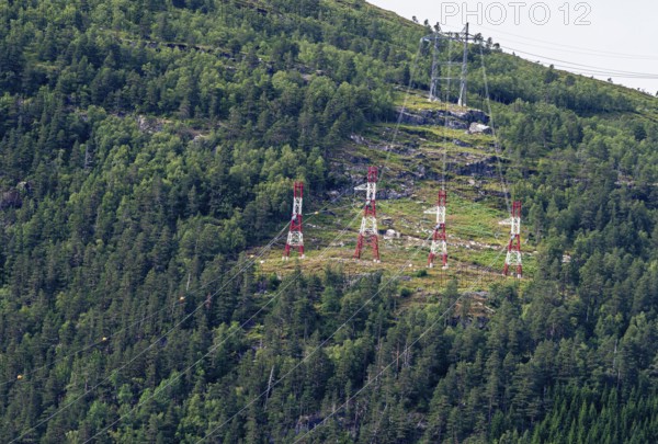 High voltage power line at lake Hornindalsvatn, west of Stryn, Norwy