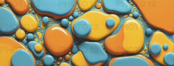 Abstract wallpaper with colorful turquoise and yellow blobs and liquid shapes on a orange