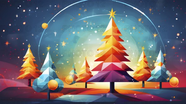 Abstract Christmas tree illustration with vibrant colors and geometric shapes, AI generated