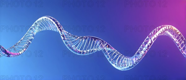 DNA double helix structure against gradient blue background, AI generated