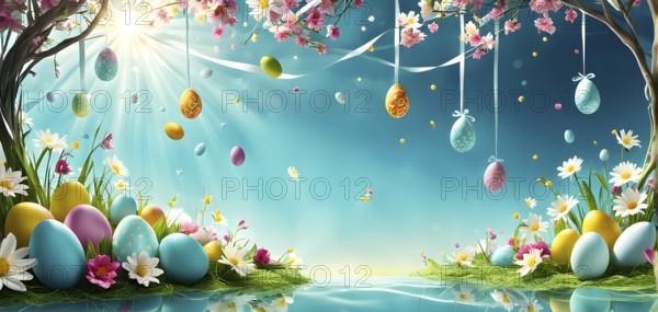 Surreal Easter scene with floating eggs, ribbons, and flowers in a dreamlike, whimsical composition