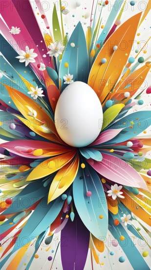 An energetic, abstract explosion of spring colors with egg and flower motifs subtly integrated,