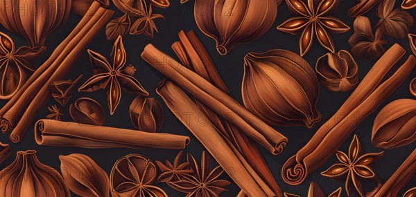 Abstract wallpaper illustration of Christmas spices like cinnamon sticks, star anise, and cloves,