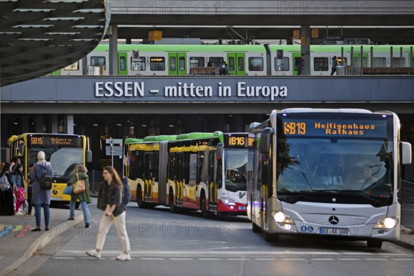 Essen public transport buses at Essen central station with local train, public transport,