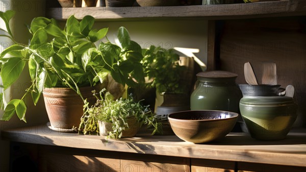 A sunlit kitchen corner, with a rustic wooden shelf holding neatly arranged ceramic bowls and a