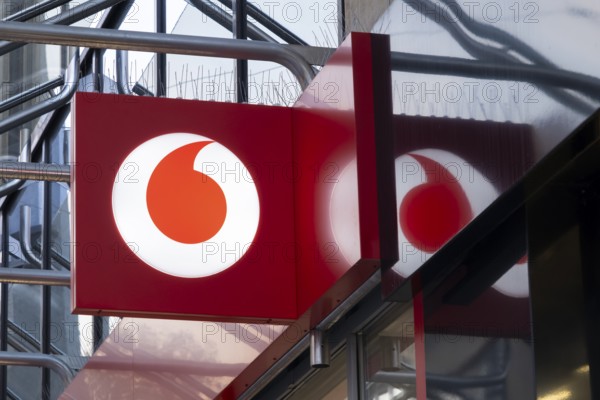 Vodafone, facade with sign and logo, illuminated, Essen, Ruhr area, North Rhine-Westphalia,