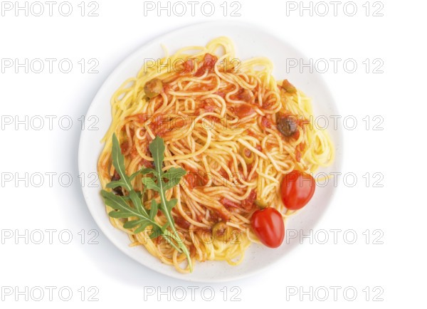 Corn noodles with tomato sauce and arugula isolated on white background. Top view, flat lay