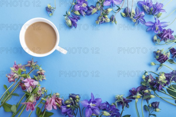 Pink and purple columbine flowers and a cup of coffee on pastel blue background. Morninig, spring,