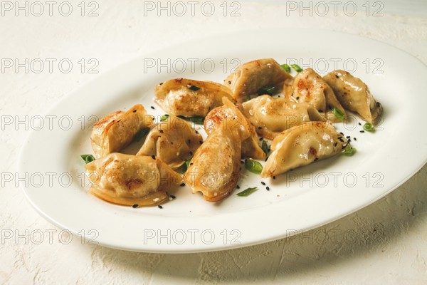 Japanese fried gyoza dumplings, with pork, sesame seeds, green onions