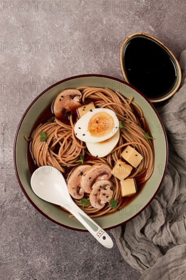 Asian soba soup, with mushrooms and egg, cheese, sesame seeds, homemade, no people