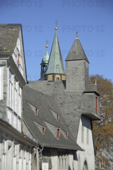 Slate roof of the building Großes Heiliges Kreuz and tower of Marktkirche, spire, slate roofs,