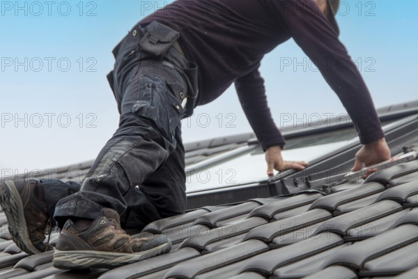 Roofer installing a new roof window