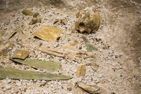 Reconstruction of the burial of the Bush Barrow Chieftain. With permission of Wiltshire Museum,