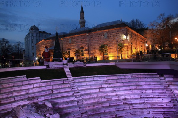 Roman stadium steps illuminated at night, city centre of Plovdiv, Bulgaria, Europe