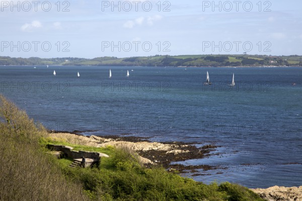Sailing boats in River Fal estuary from Pendennis Point, Falmouth, Cornwall, England, UK