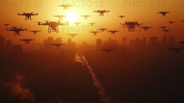 Swarm of UAV unmanned aircraft drones flying near the United States capitol at sunset, AI generated