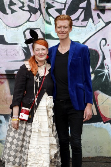 Enie van de Meiklokjes and her man Tobias Stærbo at the opening of the Tim Burton exhibition at the