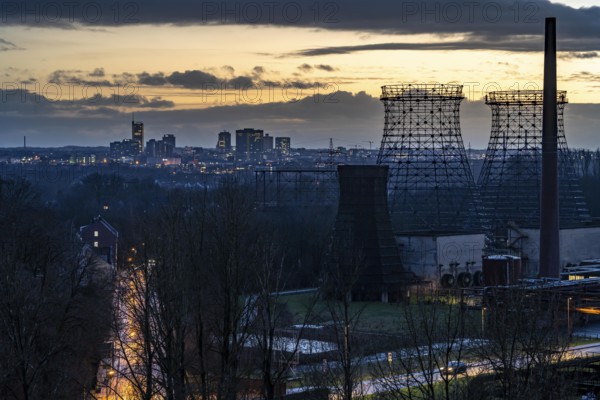 View of the skyline of Essen, city centre, seen from the Zeche Zollverein, skeleton of the cooling
